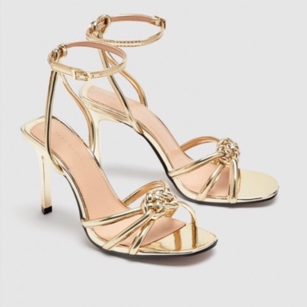 Zara gold strappy heels with braided detail